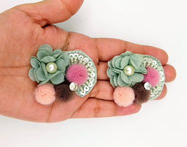 Hand Embroidered Teal Green And Pink Floral Applique, 2 Pcs